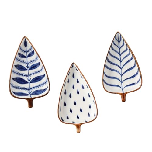 TOPPERFUN 3個創意日式手描き釉下彩セラミック小皿 調味料皿 デザートプレート スナック用 梭葉 水草 雨滴柄 各 キッチン 食卓 リビ