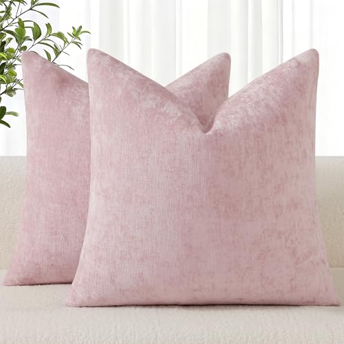 decorUhome Chenille Blush Pink Christmas Throw Pillow Covers 18x18 Inch Set of 2, Decorative Soft Couch Pillow Covers Solid Dyed Accent Farmhouse Neutral Square Pillow Cases for Sofa