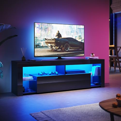 SUNXURY TV Board Schwarz, LED TV Schrank 160cm mit 16 Led Farben...