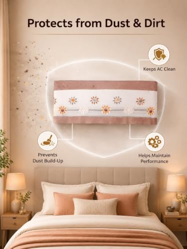 Image of Premium Cotton Net Split AC Cover for 1.5 Ton Indoor Unit | Designer Summer AC Dust Protection Cover | Stylish Protective AC Cover | 38 x 15.35 x 7.8 In | Brown Flower