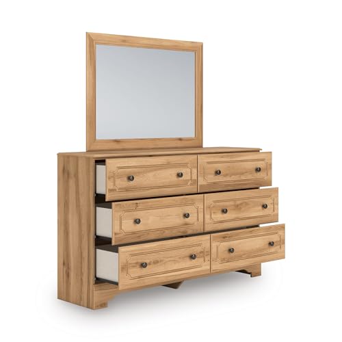 Signature Design by Ashley Galletyn Dresser with Mirror, Country Rustic Storage, Engineered Wood and Decorative Laminate, 6-Drawer Design for Bedroom Use, Warm Oak Grain Finish
