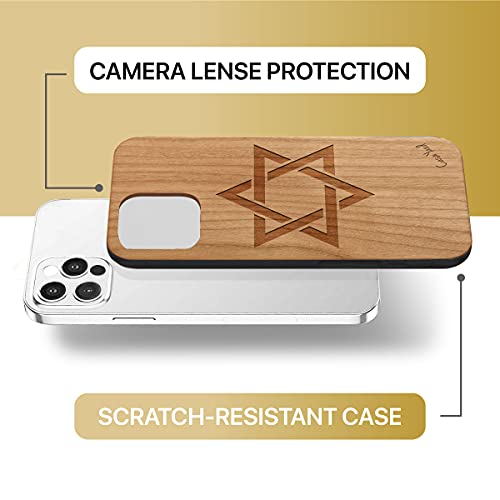 Caseyard Wood Phone Case For Iphone 12 Pro Max Laser Engraved David Star Design Cherry Wood Compatible Iphone Case Protective Shockproof Slim Fit Cell Phone Cover For Men & Women #TOP5