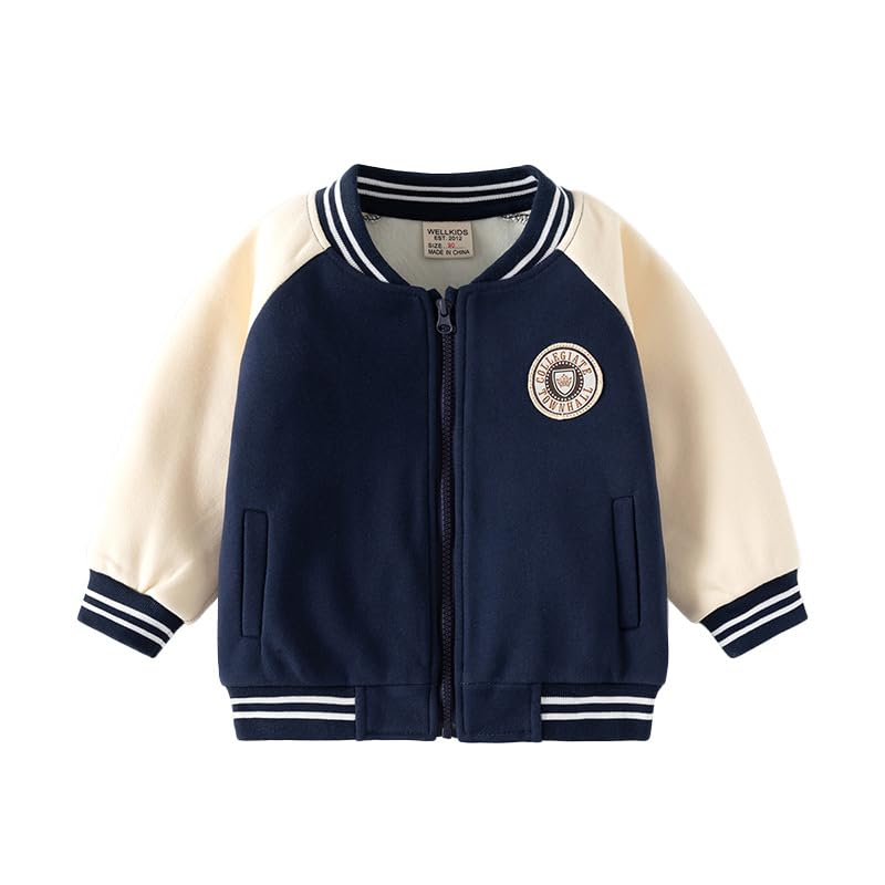 Baby Boys and Girls Baseball Jacket Coat Round Neck Autumn Zipper Up Spliced Long Sleeve Fleece Hoodie
