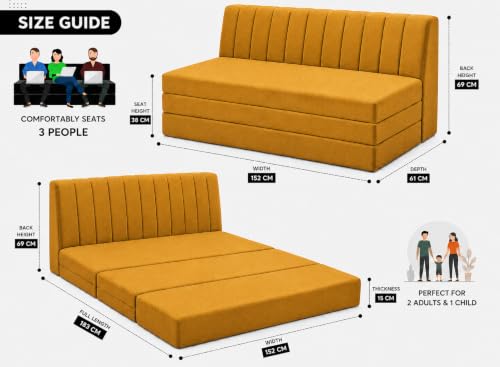 Image of Three Seater Sofa Bed, Velvet Fabric Foldable Sofa Cum Bed with Soft Foam Cushioning, Convertible Floor Couch for Living Room, Guest Room & Home Use (Golden, Pre-Assembled)