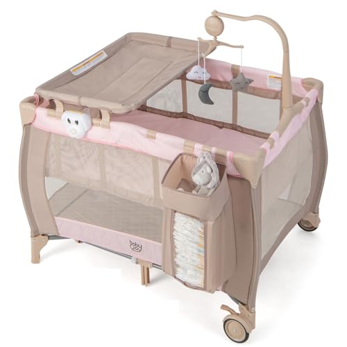 Costzon 3 in 1 Pink Pack and Play with Bassinet, Portable Baby Playard with Changing Table, Music...