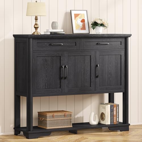 ONBRILL 47.2 Inches Entry Table with Storage, Farmhouse Buffet Cabinet w/2 Drawers and 3 Doors, Open Storage Shelf, Adjustable Shelves, Coffee Bar Console Cabinet for Kitchen, Living Room, Black