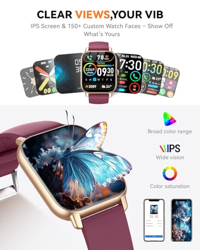 Image of Smart Watch for Men Women,1.85 inch HD Screen Bluetooth Fitness Tracker Step Counter /Sleep Monitor,110+ Sports Modes,IP68 Waterproof smart Watch Compatible with iPhone Samsung Android Phone, Wine Red