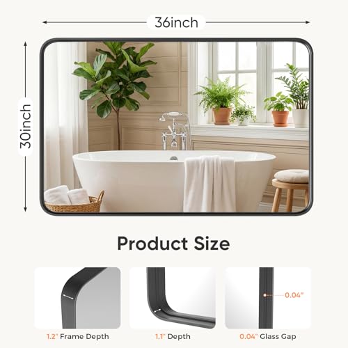 Image of Sweetcrispy Bathroom Wall Mirror, 36x30 Inch Wall Mount Mirror for Over Sink, Modern Rounded Rectangle Vanity Mirrors with Matte Metal Framed, for Home Decor, Living Room, Bedroom, Black
