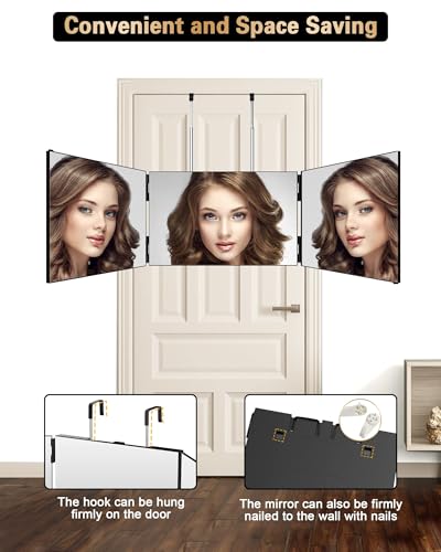 JUSRON 360 Grad Spiegel zum Aufhängen - Klappspiegel 3 Teilig Spiegel Haare Selbst Schneiden, Höhenverstellbarer Kosmetikspiegel Rasierspiegel Friseurspiegel für Makeup Rasieren Frisieren-Ohne LED