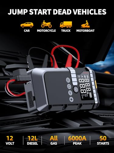Car Battery Jump Starter with Air Compressor, 12V Car Battery Booster, Tire Inflator, LED Display for All Gas & 12L Dies - Additional View