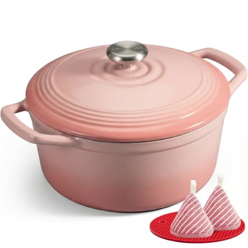 Image of Overmont Enameled Cast Iron Dutch Oven - 5.5QT Pot with Wide Handles Lid Cookbook & Cotton Potholders - Heavy-Duty Pre-Seasoned Cookware Oven Safe to 500F for Braising, Stews, Roasting, Sourdough Baking