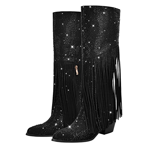 Richealnana Calf High Knee High Boots for Women Sparkle Rhinestones Clear Gems Shining Comfortable Tabs Pull-On Boots Fringe Tassel