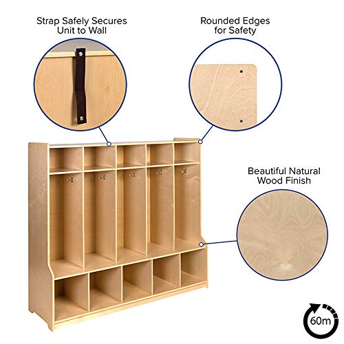 Flash Furniture Hercules Wooden 5 Section School Coat Locker With Bench, Cubbies, And Storage Organizer Hook-Safe, Kid Friendly Design - 48"H X 48"L (Natural) #TOP4