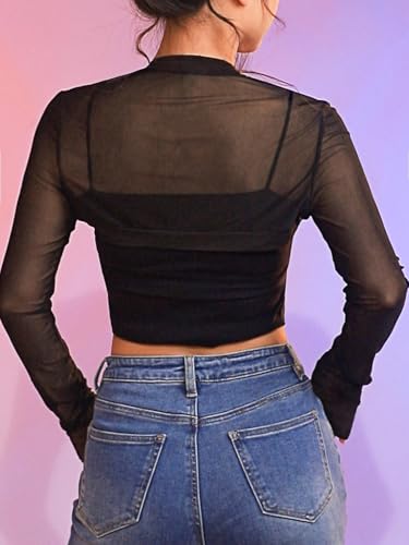 Asooll Black Mesh Bolero Shrug See Through Long Sleeve Crop Top Open Front Shrugs for Women3