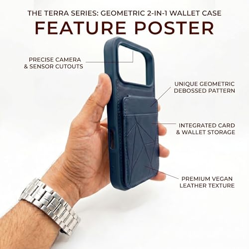 Image of amazon basics Premium Vegan Leather Back Cover with Card Holder and Integrated Mobile Stand for iPhone 17 Pro - Slim Shockproof Wallet Case with Geometric Stitching [Blue]