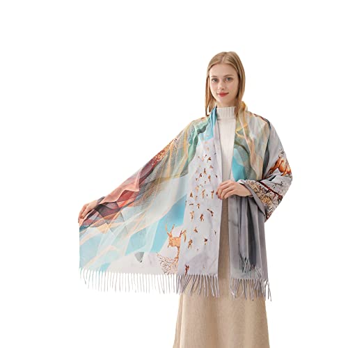 Cutewing Pashmina Scarf Shawl Wraps For Women Fashion Tree Life And Elk Printed Scarves Warm Cashmere Blanket Scarf For Festival Christmas Gift #TOP3