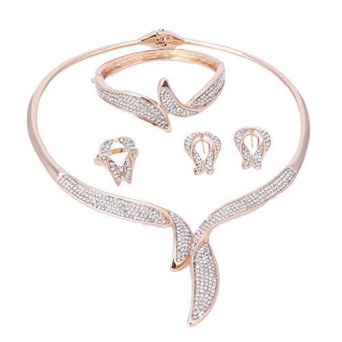OUHEWomens Girls Jewelry Sets 18K Gold Plated Crystal Necklace Earrings Bracelet Ring Sets (Gold)