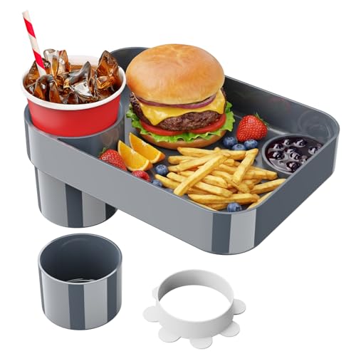 BBSDA Car Seat Cup Holder Snack Tray for Kids Reduces Mess Detachable Large Base & Adjustable Ring Carseat Tray for Toddler Car Seat Food Tray Table for Kids Travel Road Trip Essentials-Dark Gray