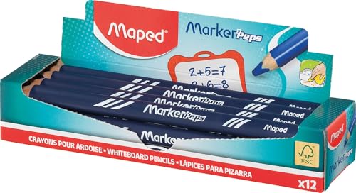 Maped - Boite de 12 Crayons bleus pour Ardoise Marker'peps Wood - Format Jumbo, Corps Triangulaire...