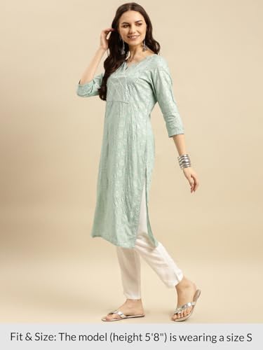 Image of rangita Mint Green Rayon Calf Length Embellished Straight Kurti for Women | Kurta for Women