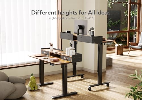 Image of Claiks Standing Desk with Drawers & Wheels, 2 Height Shelf 48 inch Rustic Brown