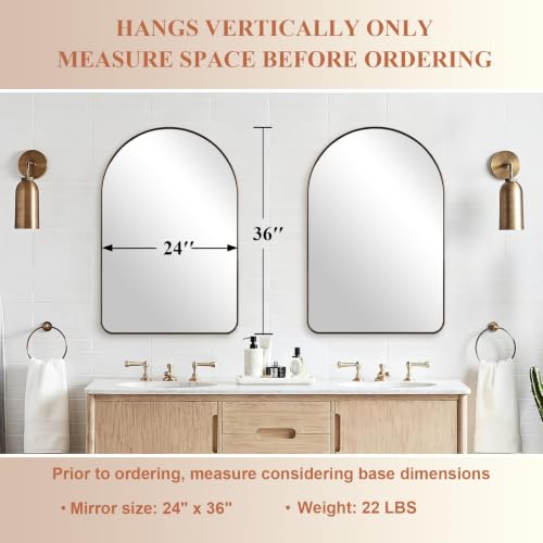 Image of 24x36 Inch Brushed Champagne Bronze Arched Bathroom Mirror | Stainless Steel Metal Frame, HD Glass, Arch Top Rounded Corner 1 Inch Deep Set Design Wall Mount for Bathroom, Bedroom