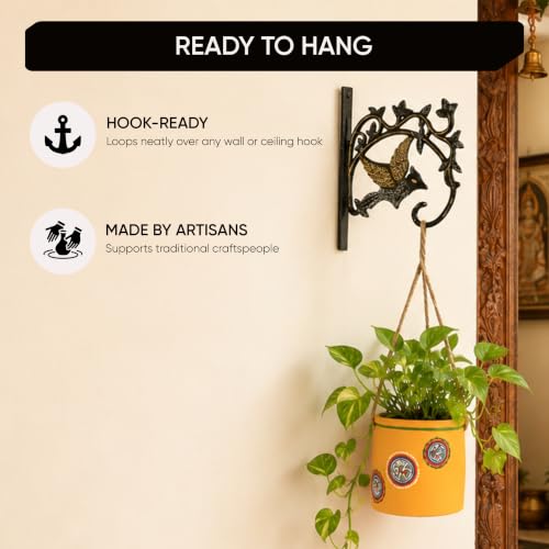 Image of AAKRITI ART CREATIONS Terracotta Hanging Planter with Metal Stand | Yellow Warli Art, Matte Finish | Decorative Hanging Pot for Indoor & Outdoor Home Decor