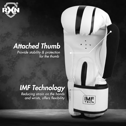Image of RXN R1 Boxing Gloves with Microfiber Thumb, Premium, High-Performance & Durable for Men, Women & Kids, Training, Kickboxing, Taekwondo, MMA, Muay Thai & Martial Arts (White /Black, 14oz)