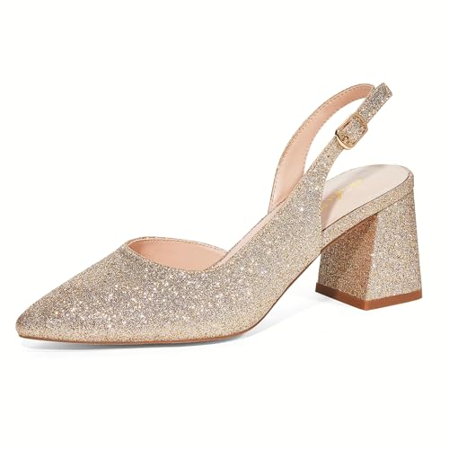 Elisabet Tang Women's Pumps Slingback 2 Inches Block Chunky Heels with Closed Pointed Toe Thick Low Pumps Wedding Party Prom Dating Casual Work Dressy Black Silver Gold Glitter Hot Pink