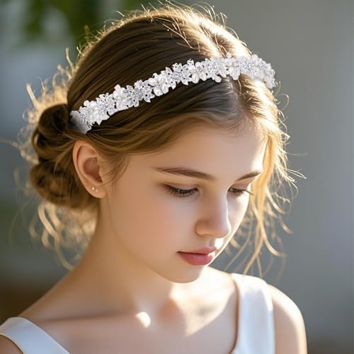 1 Pack Flower Girl Hair Accessory, Flower Headband, Weddings Hair Accessories, Tiara for Little Girl - Pearl & Silver Flower Crown Headband for Weddings, Birthdays3
