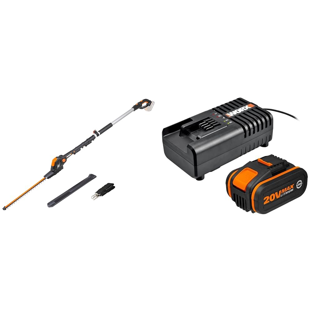 WORX WG252E.9 Teleskopowe Nożyce do Żywopłotu, Szerokość Cięcia 45 cm, bez akumulatora & WORX WA3604 Powershare Akumulator, 20 V 4000 Mah Akumulator Litowo-Jonowy i Stacja Ładująca