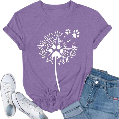 Women's Dandelion T Shirts Cute Dog Paw Graphic Tees Funny