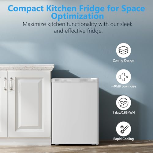 Image of COWSAR 2.6 Cu.Ft Mini Fridge with Freezer, Quiet Reversible Door Compact Refrigerator, Small Refrigerator with 2 Removable Shelves, Adjustable Thermostat, for Office, Bedroom, Dorm, White