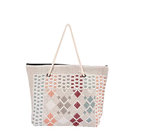 Large summer Beach Tote Bag Boho Zipper Closure Bohemian, Rope Handles Shoulder Loomed Beach Bag for Women Gym Yoga