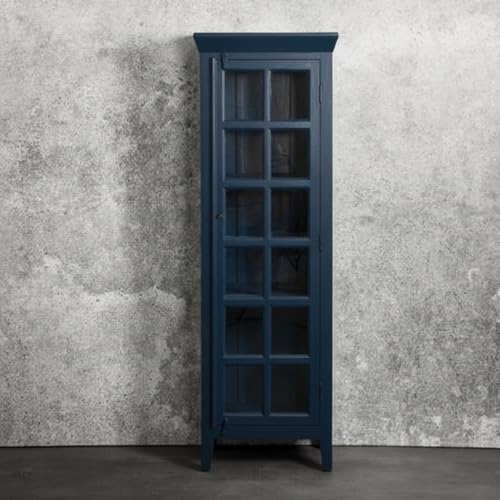 Image of APRODZ Mango Wood Crockery Cabinet with Glass Door | Wooden Kitchen Storage Cabinet for Dining Room Living Room & Bedroom | Tall Storage Cabinet with Shelves | Display Cabinet for Home, Navy Blue