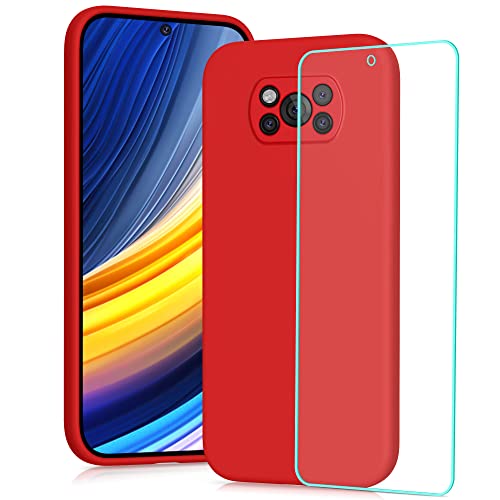 YATWIN Coque Xiaomi Poco X3 Pro/Xiaomi Poco X3 NFC + [1 Pièces] Verre Trempé, Ultra Mince Étui Souple de Silicone, Intérieur Microfibre, Antichoc Case pour Xiaomi Poco X3 Pro - Rouge Cover