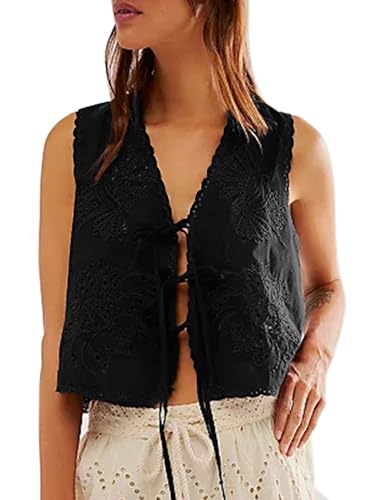 Women's Tie Front Vest Sleeveless Hollow Out Floral Embroidery Tank Crop Open Front Tie Tops
