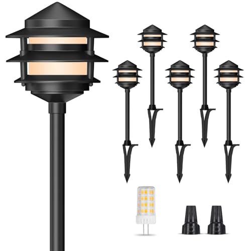 Gardencoin Pagoda Low Voltage Landscape Pathway Lights 12V Outdoor LED Path Lights Wired Aluminum Walkway Lighting with 4W 2700K Replaceable G4 Bulb Classic 3-Tier Lantern 6 Pack