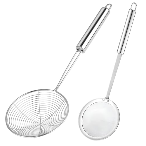 Omnikryp 2 Piezas Espumadera, Espumadera Araña Acero Inoxidable, Cuchara de Filtro con Mango Largo, Colador Alimentos para Separar Manchas de Aceite Espuma Aceite de Filtro Fideos Freír, Lavavajillas
