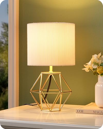 EDISHINE Table Lamp, Antique Bronze Diamond Metal Cage Base & Cream Coloured Pleated Lampshade, E14 Socket, 60W Bedside Lamp for Bedroom, Living Room, LED Bulb Included, 28.5CM