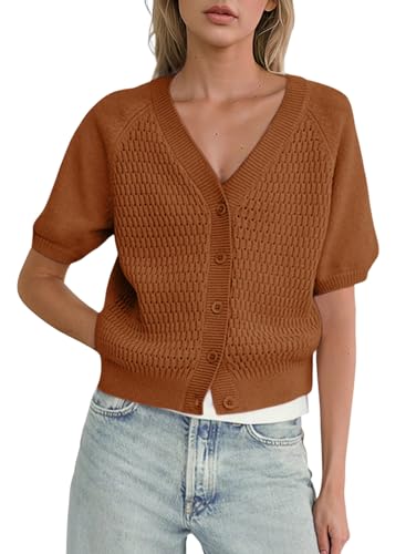 Image of Dokotoo Womens Summer Tops 2024 Trendy V Neck Hollow Out Cropped Button Down Shirts Puff Sleeves Blouses