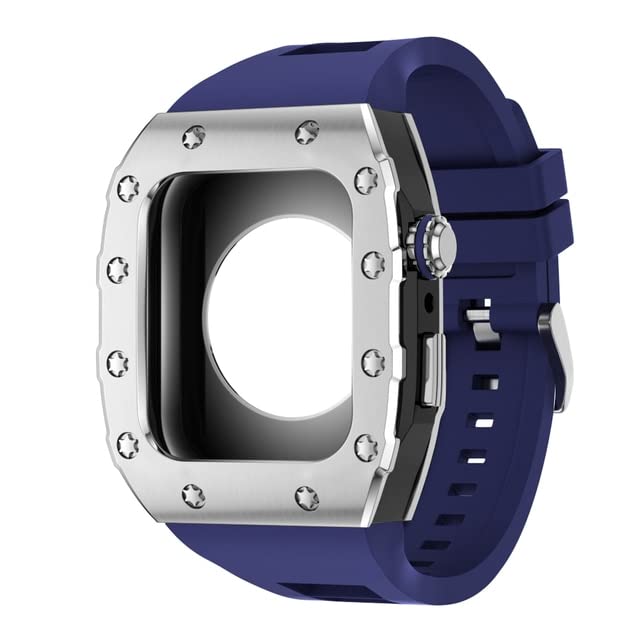 Boîtier métal Apple Watch 45mm résistant aux chocs avec bracelet silicone bleu argenté DIY