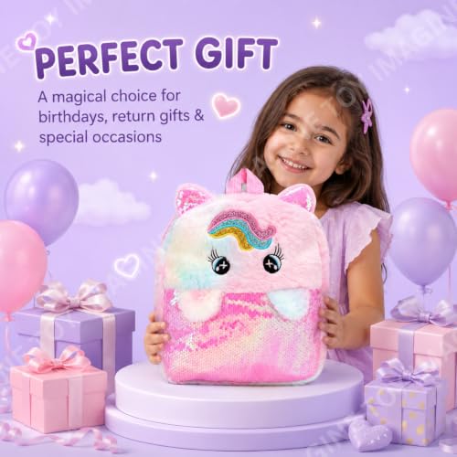 Image of Toy Imagine Unicorn Plush Sequin Backpack for Girls, Ages 1-8 Years