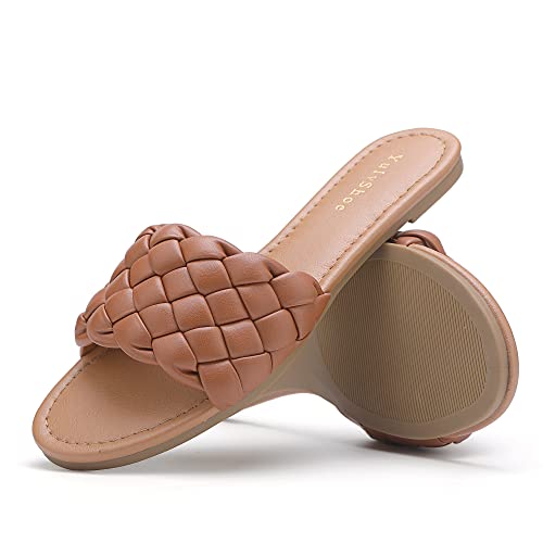 YULVSHOE Women's Braided Flat Sandals Fashion Woven Open Toe Slip On Slides Strappy Beach Sandals Slippers For Summer2