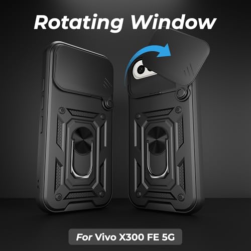 Image of A rtistque Armor Bumper Back Cover Case for Vivo X300 FE 5G | Ring Holder Stand | Sliding Camera Protection | Shockproof Heavy Duty Design | Vivo X300 FE Back Cover - Black