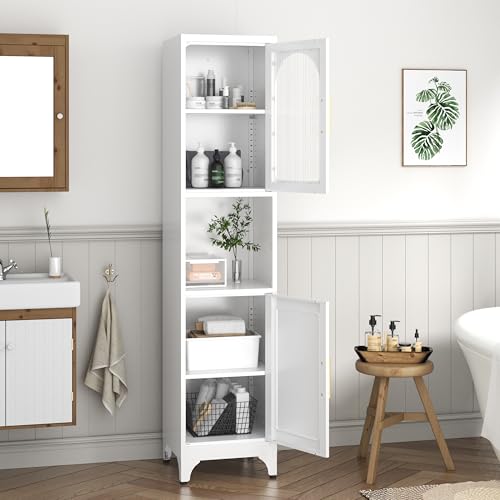 Tall Bathroom Storage Cabinet, 17" W Freestanding Bathroom Cabinet with Acrylic Glass, Open Display Shelf, Skinny Storage Cabinets with Adjustable Shelves, Assembly Required, White White 75"