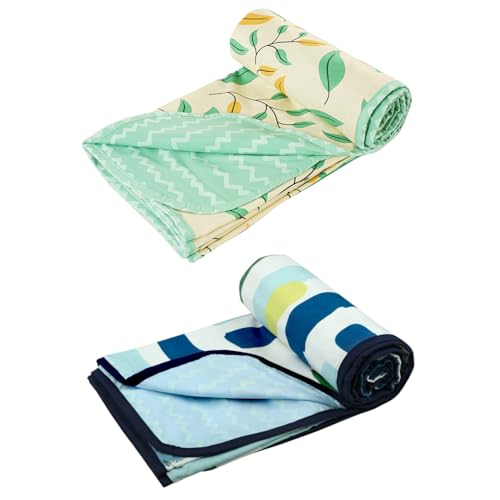 Image of BSB HOME Pure Cotton 120 GSM Reversible Soft Lightweight Printed Single Bed Blanket /AC Dohar /Skin Friendly Dohar- Pack of 2 (152 x 225 cm- Beige White & Green)