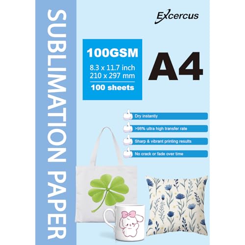 EXCERCUS Sublimation Paper Compatible with Brother EPSON SAWGRASS RICOH Sublimation Printer (A4 210x297mm 100 Sheets 100gsm)