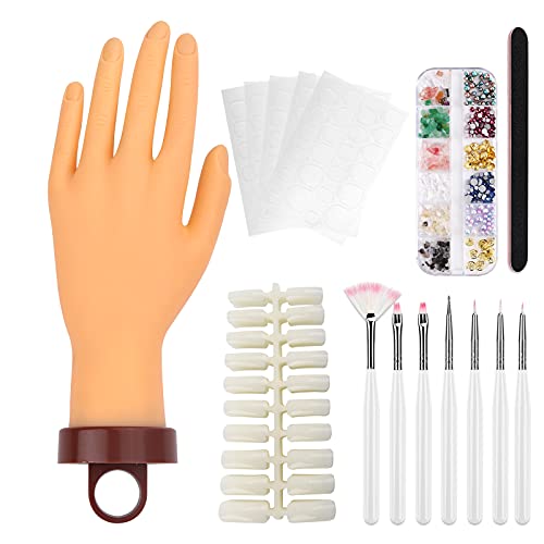 Practice Mannequin Hand for Acrylic Nails, Flexible Fake Manicure Nail Hand Practice Soft False Manikin Hand with 100pcs Nail Tips DIY Print Nail Training Tool for Professional Beginner