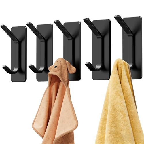 Auxmir Double Adhesive Hooks, 5 Pack Stainless Steel Hooks 15 lb Max, Black - image 1